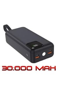 Powerbank 30.000 mAh Led El Feneri Özellikli Dahili Kablolu Powerbank Siyah