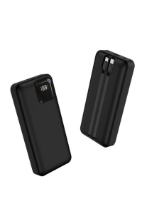 Powerbank 20.000 mAh 2.1A Dahili Kablolu Dijital Göstergeli Type-C Usb-A Micro Usb Powerbank Siyah