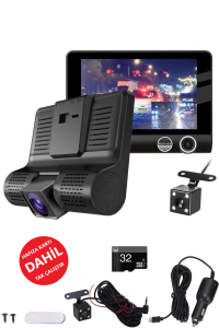 3 Kameralı Araç İç Ön ve Arka Yol Video Kaydedici Sürüş Güvenliği Kamerası G-Sensor 4inç Büyük Ekran