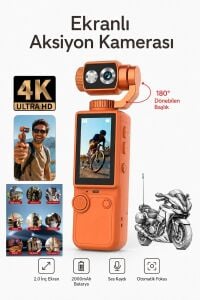 Vlog Kamera 4K Ultra HD Mini Aksiyon Kamerası 2.0 inç Ekranlı Mikrofon Destekli Oto Fokus Özellikli 180° Döner Başlıklı