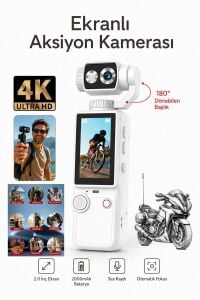 Vlog Kamera 4K Ultra HD Mini Aksiyon Kamerası 2.0 inç Ekranlı Mikrofon Destekli Oto Fokus Özellikli 180° Döner Başlıklı