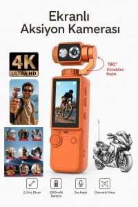 Vlog Kamera 4K Ultra HD Mini Aksiyon Kamerası 2.0 inç Ekranlı Mikrofon Destekli Oto Fokus Özellikli 180° Döner Başlıklı Turuncu