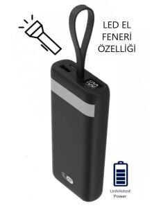 20,000 mAh Powerbank LED EL Feneri Özellikli Kablolu Taşınabilir Şarj Cihazı