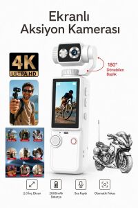 Vlog Kamera 4K Ultra HD Mini Aksiyon Kamerası 2.0 inç Ekranlı Mikrofon Destekli Oto Fokus Özellikli 180° Döner Başlıklı Beyaz