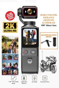 2K Aksiyon Kamera 180° Döner Lens | Gece Görüşü, Stabil Çekim, Vlog Kamera Dokunmatik LCD Ekranlı