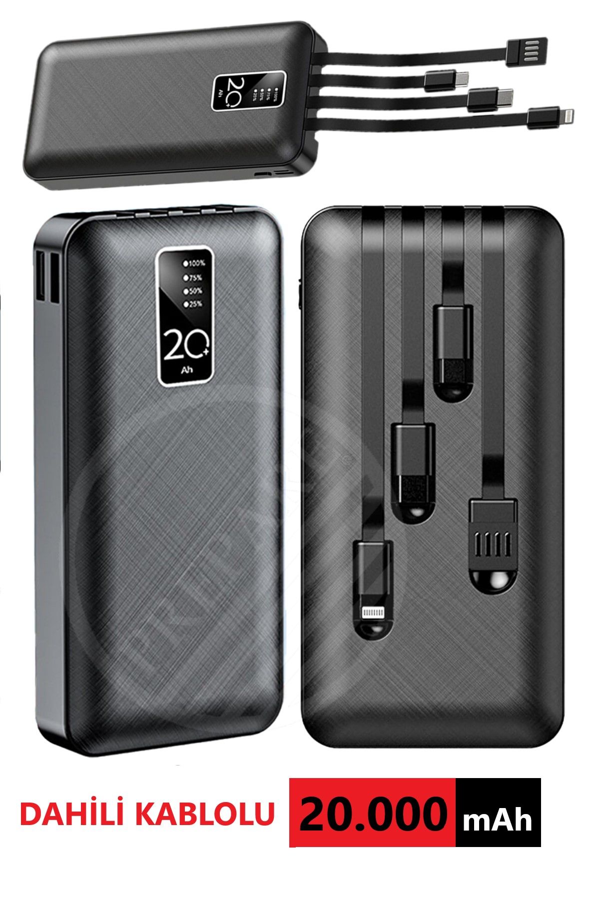 20.000 mAh Dahili Kablolu Powerbank  Lightning & Micro USB & USB Type C