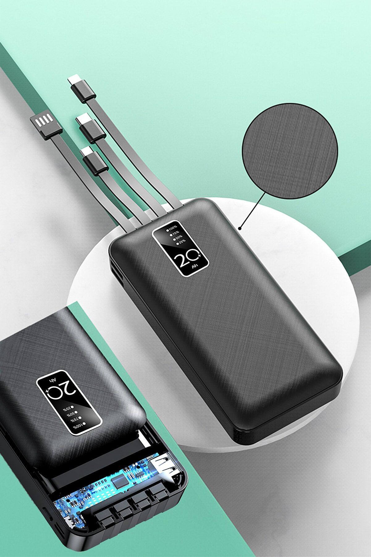 20.000 mAh Dahili Kablolu Powerbank  Lightning & Micro USB & USB Type C