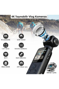 4K Ultra HD Mini Aksiyon Vlog Kamerası | Wi-Fi , 270° Döner Lens EIS Stabilizasyon +Su Geçirmez Kabı