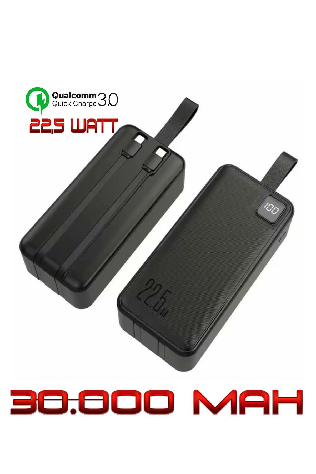 Powerbank 30.000 mAh 22,5 Watt PD Qualcoom Fast Hızlı Şarj Dahili Kablolu Powerbank