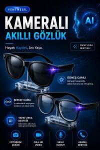 Akıllı Yapay Zeka AI 3 Lensli Güneş Gözlüğü 8 MP Kamera Bluetooth Hafıza Müzik AI Ast Canlı Çeviri