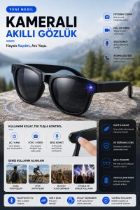 Akıllı Yapay Zeka AI 3 Lensli Güneş Gözlüğü 8 MP Kamera Bluetooth Hafıza Müzik AI Ast Canlı Çeviri