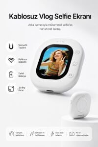 Manyetik Arka Kamera Selfie Ekranı 2.0 İnç Kablosuz Mini Vlog Monitörü Şarjlı Telefon Aksesuarı
