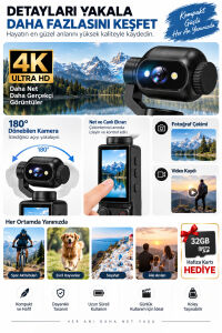 4K Ultra HD Aksiyon Kamerası 180° Dönen Lens Spor Seyahat Vlog ve Günlük Kullanım Kamerası