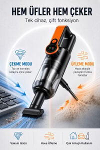 Kablosuz Araç Süpürgesi Vakum ve Üfleme 2in1 Metal Filtreli 300 ml Hazneli 5400 mAh Şarjlı Süpürge