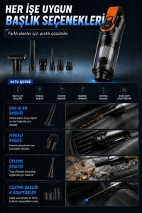 Kablosuz Araç Süpürgesi Vakum ve Üfleme 2in1 Metal Filtreli 300 ml Hazneli 5400 mAh Şarjlı Süpürge