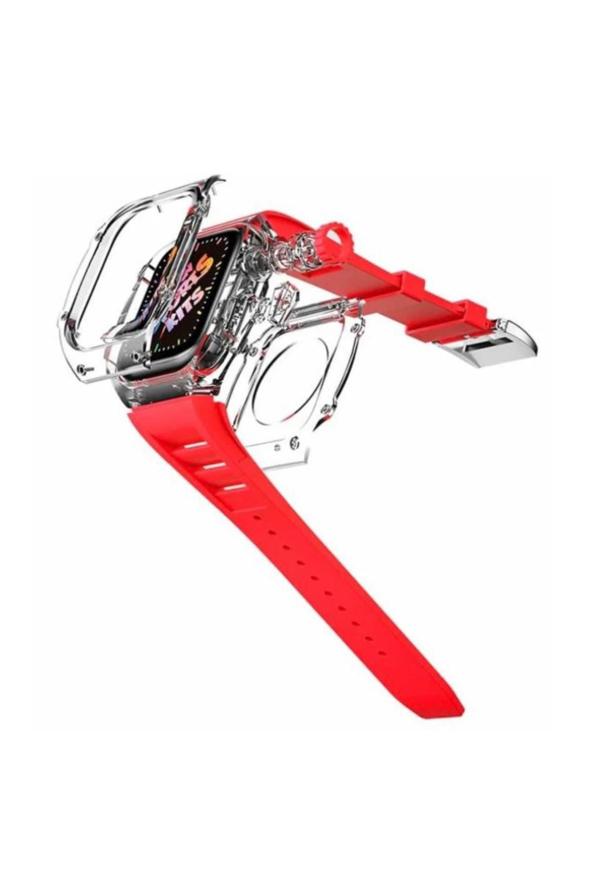 Apple Watch Uyumlu 45mm Rugged Şeffaf Kasa Profesyonel Koruyucu ve Silikon Kordon Kırmızı