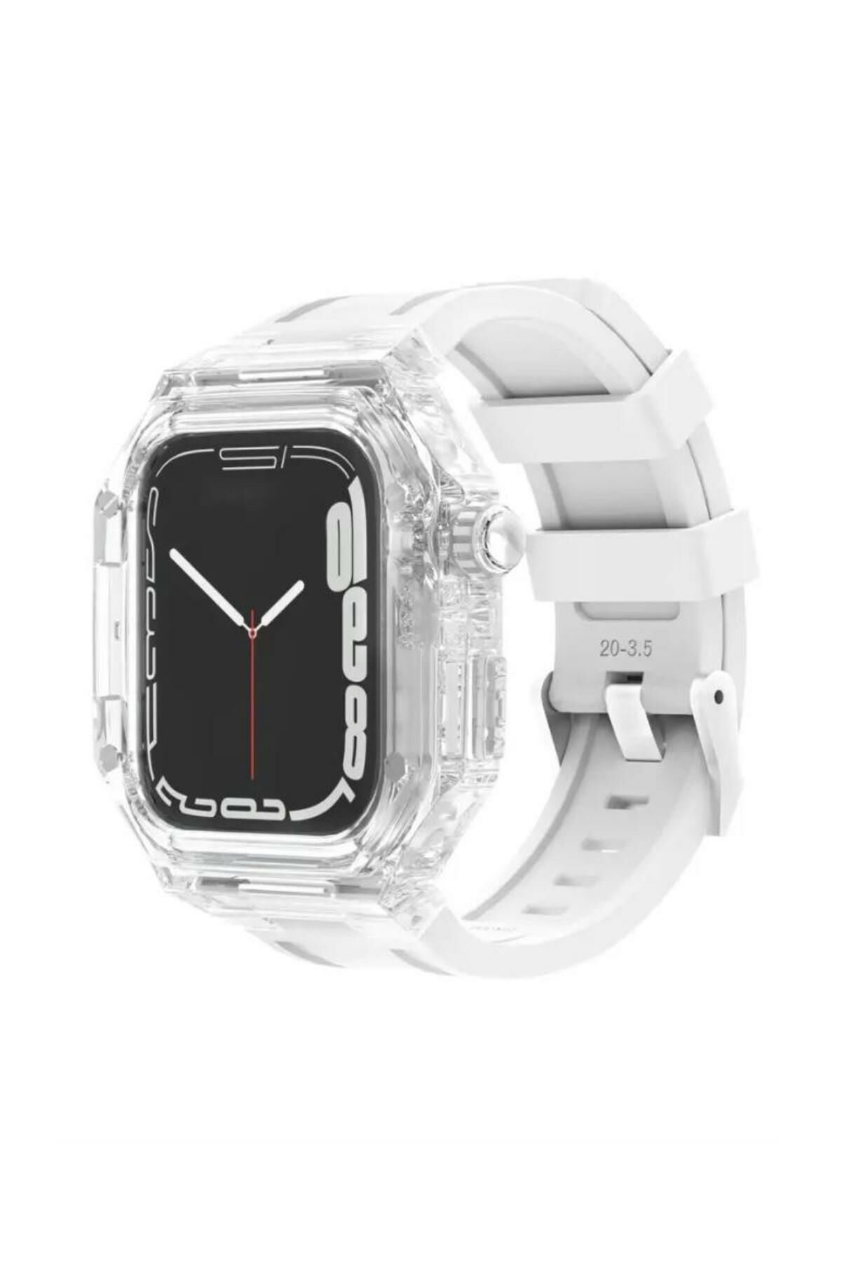 Apple Watch Uyumlu 45mm Rugged Şeffaf Kasa Profesyonel Koruyucu ve Silikon Kordon Beyaz