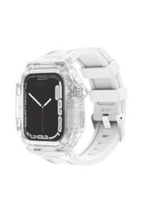 Apple Watch Uyumlu 45mm Rugged Şeffaf Kasa Profesyonel Koruyucu ve Silikon Kordon Beyaz