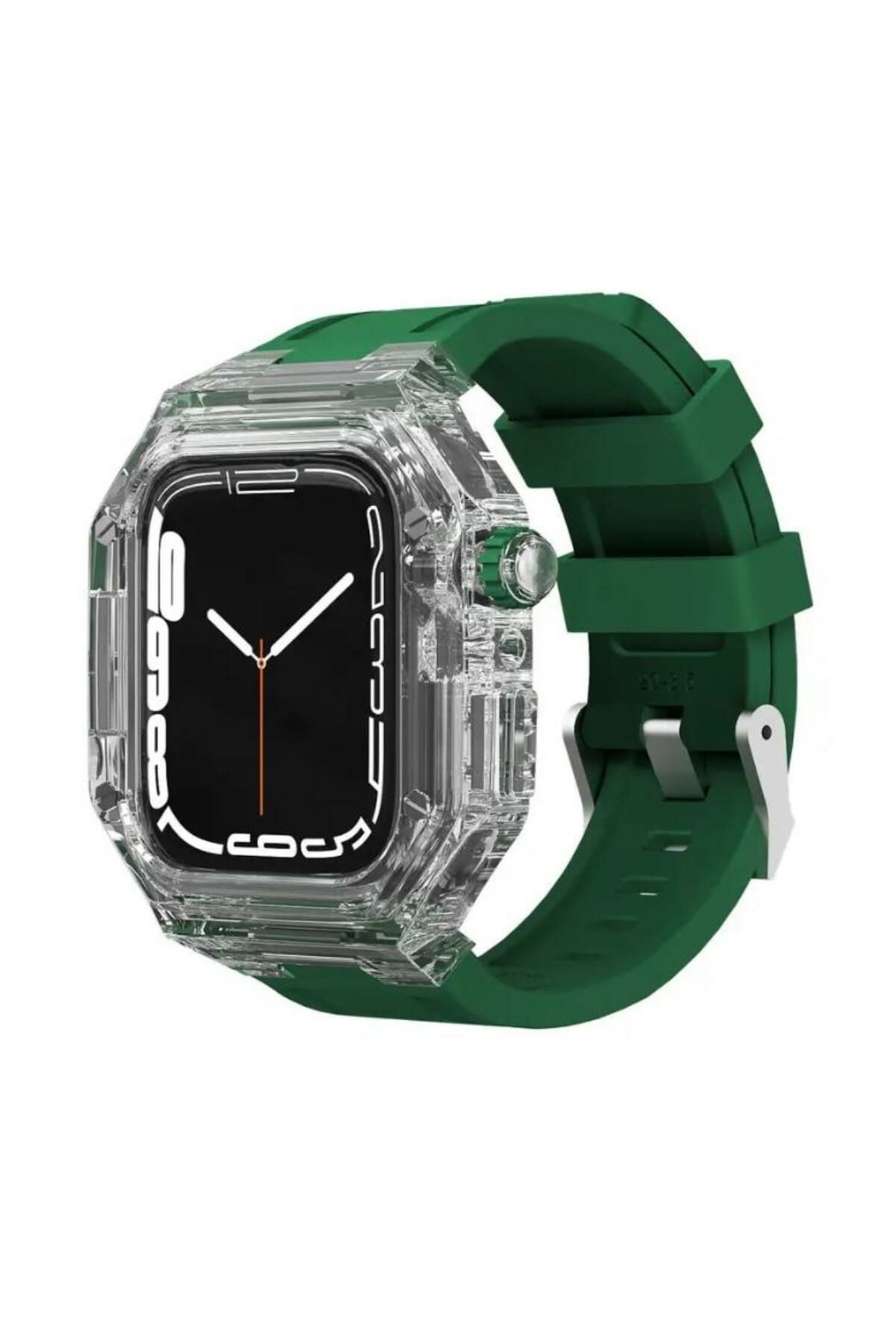 Apple Watch Uyumlu 45mm Rugged Şeffaf Kasa Profesyonel Koruyucu ve Silikon Kordon Yeşil