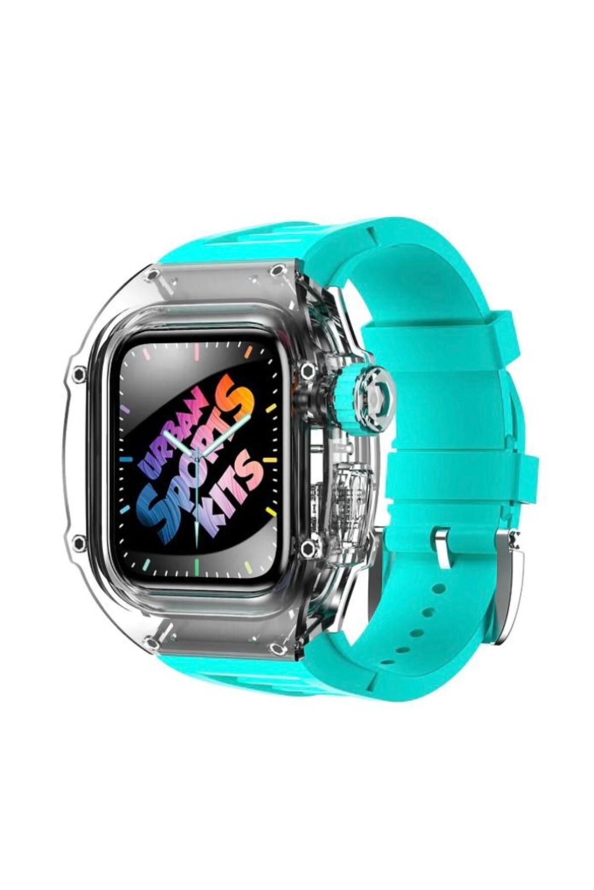 Apple Watch Uyumlu 45mm Rugged Şeffaf Kasa Profesyonel Koruyucu ve Silikon Kordon Turkuaz