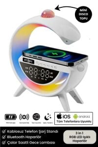 Led Işıklı Bluetooth Hoparlör Kablosuz Şarj Radyo Müzik Çalar Saatli Telefon Standı +Mini Disco Topu