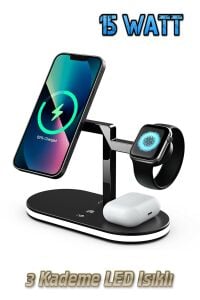 Magsafe Hızlı Şarj İstasyonu 5 in 1 Kablosuz + 1 USB Iphone  Airpods Watch Uyumlu 15W + Gece Lambalı