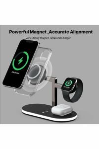 Magsafe Hızlı Şarj İstasyonu 5 in 1 Kablosuz + 1 USB Iphone  Airpods Watch Uyumlu 15W + Gece Lambalı
