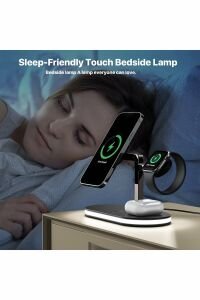 Magsafe Hızlı Şarj İstasyonu 5 in 1 Kablosuz + 1 USB Iphone  Airpods Watch Uyumlu 15W + Gece Lambalı