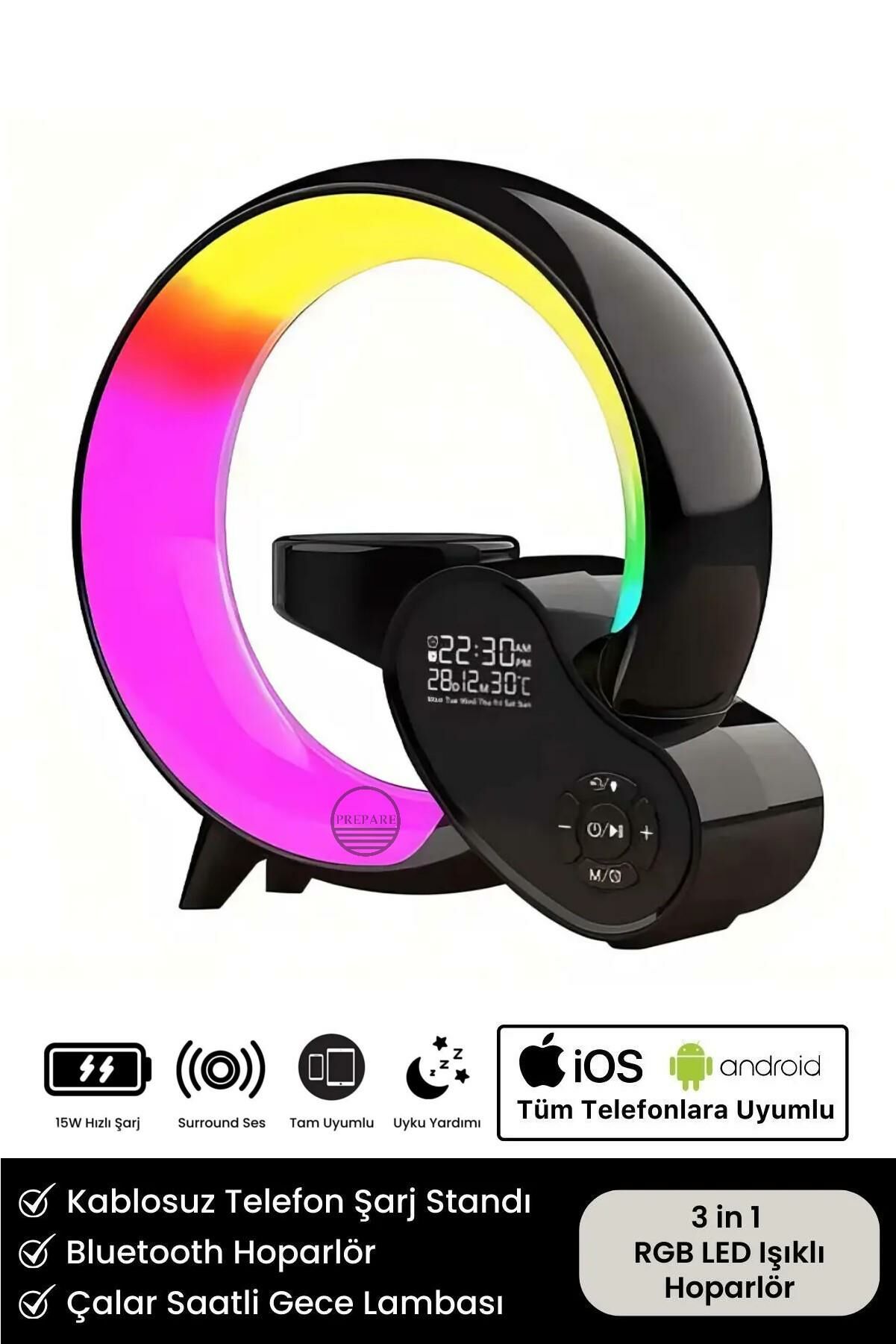 Bluetooth Hoparlör Led Işıklı Kablosuz Şarj Radyolu Müzik Çalar Saatli Alarmlı Stand 3in1 Speaker