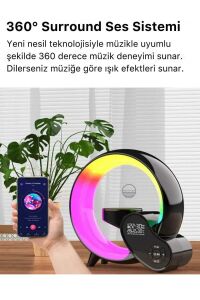 Bluetooth Hoparlör Led Işıklı Kablosuz Şarj Radyolu Müzik Çalar Saatli Alarmlı Stand 3in1 Speaker