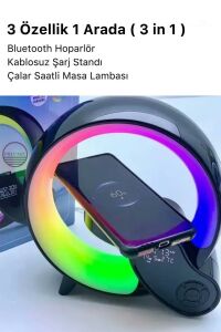 Bluetooth Hoparlör Led Işıklı Kablosuz Şarj Radyolu Müzik Çalar Saatli Alarmlı Stand 3in1 Speaker