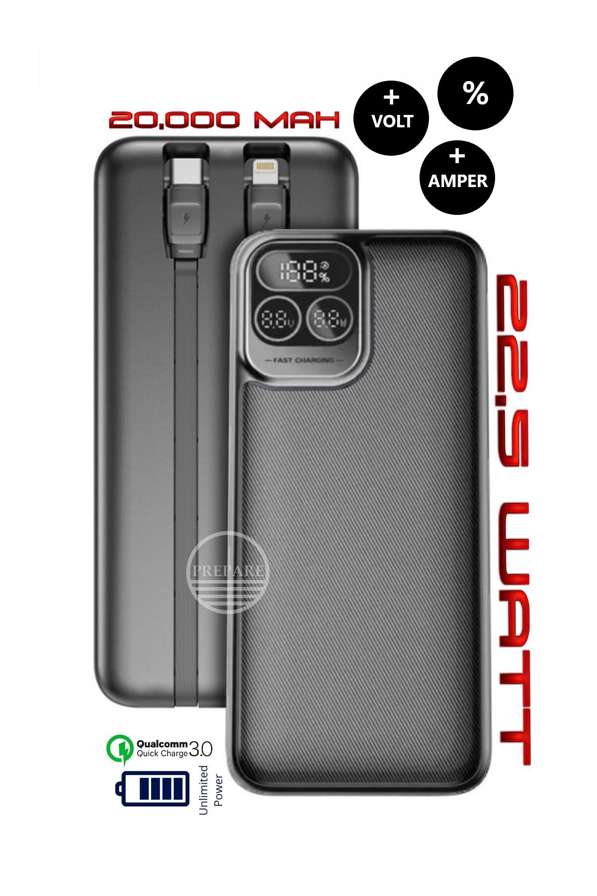 20,000 mAh Volt+Watt Yeni Nesil Gösterge Dahili Kablolu 22,5w PD Qualcoom Fast Hızlı Şarj Powerbank