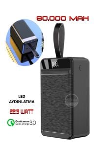 80.000 Mah Powerbank Pd 22,5w 3.0 Qualcomm Hızlı Şarj Dijital Göstergeli Led Aydınlatma Özellikli