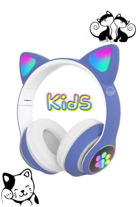 Bluetooth Kedi Kulaklık Aux Girişli Hafıza Kartlı Kulak Üstü Bluetooth Pisi Pisi Miyav Kedi Kulaklık Mavi