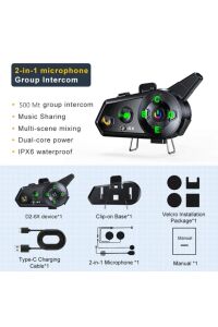 D2 6X 500 Mt Intercom 6 Eşleşmeli Müzik Paylaşımlı Kask Kulaklık Su Geçirmez Motosiklet Intercom