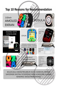Watch 8 Pro Amoled 45mm 1,9 inç Ekran PR-9HK Pusulalı Vidalı Kilitli 2 Kordonlu Akıllı Saat