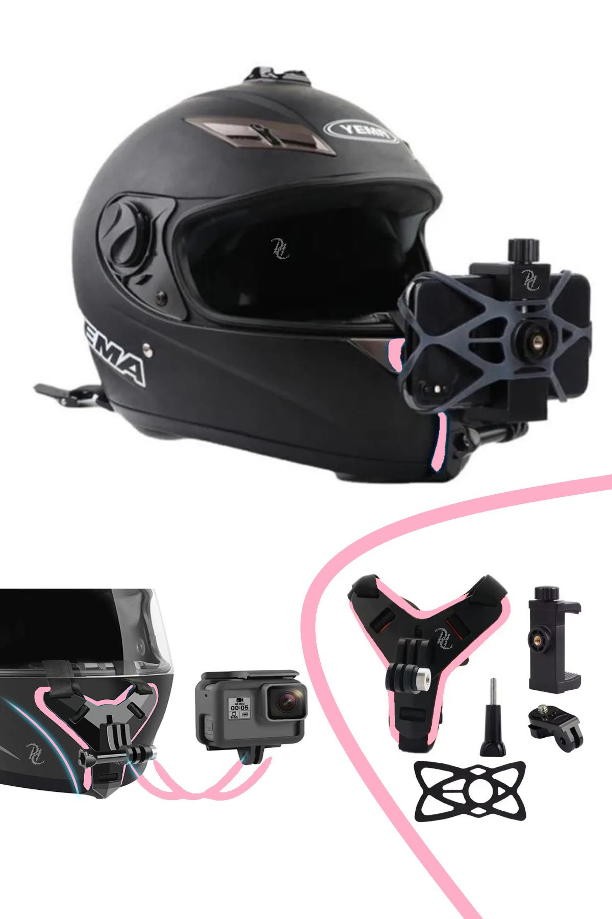 Kask için Alt Çene Bağlantı Aparatı Aksiyon Kamera ve Telefon Tutucu Set Motosiklet Pembeli Teçhizat