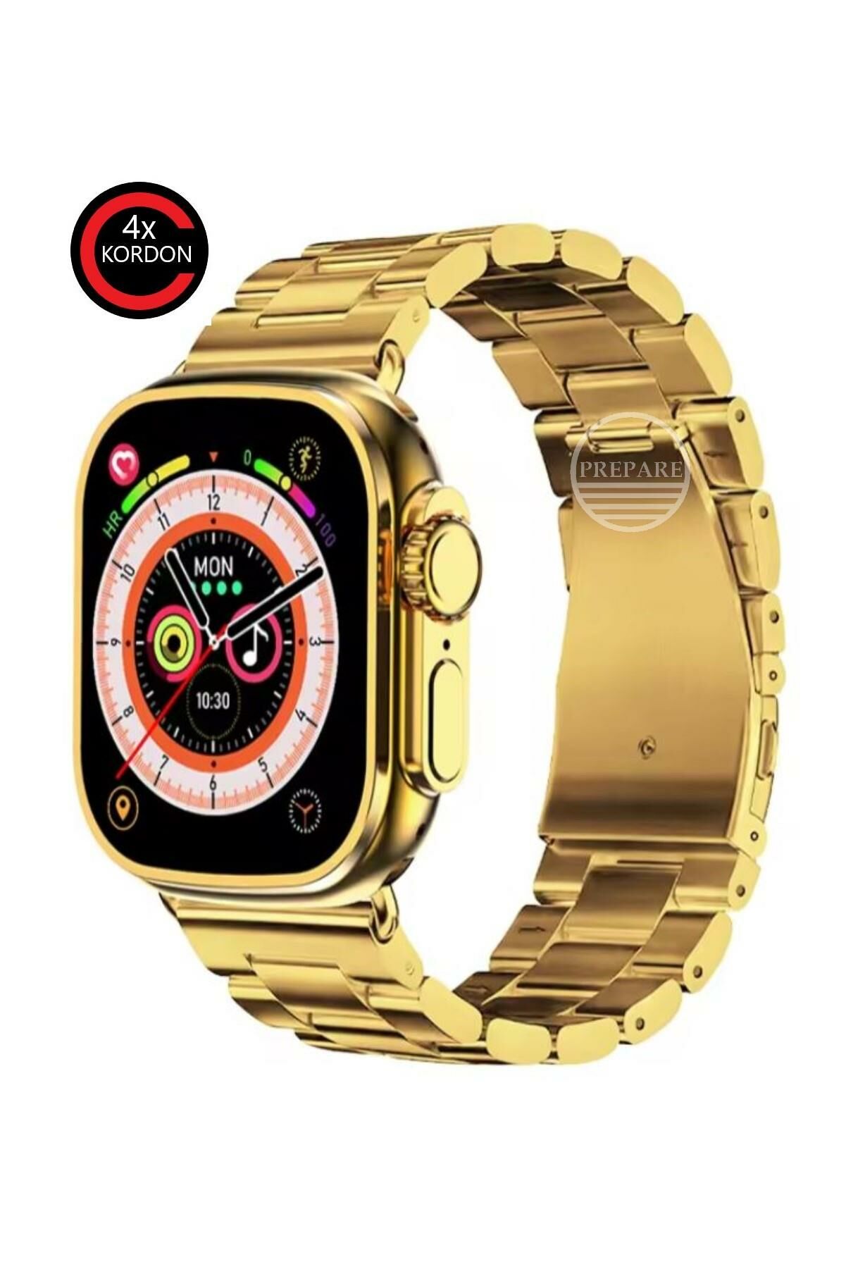 Watch 9 Ultra Gold Akıllı Saat 49mm 4 Kordonlu Çelik Silikon Bez ve Deri Ios Android Uyumlu