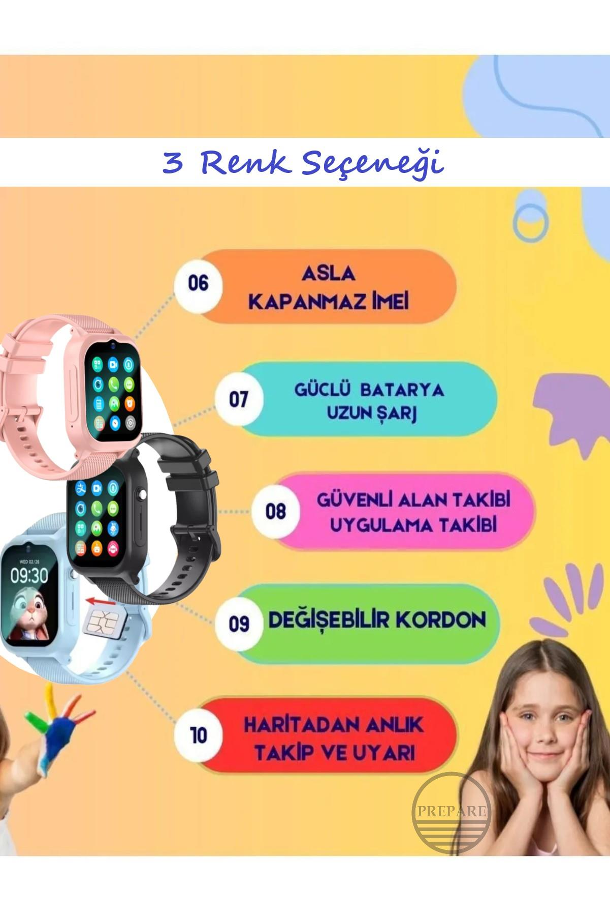 Sim Kartlı Konum Takipli 4G Akıllı Çocuk Saati Acil Arama Görüntülü Görüşme ve Sesli Mesaj Gönderim