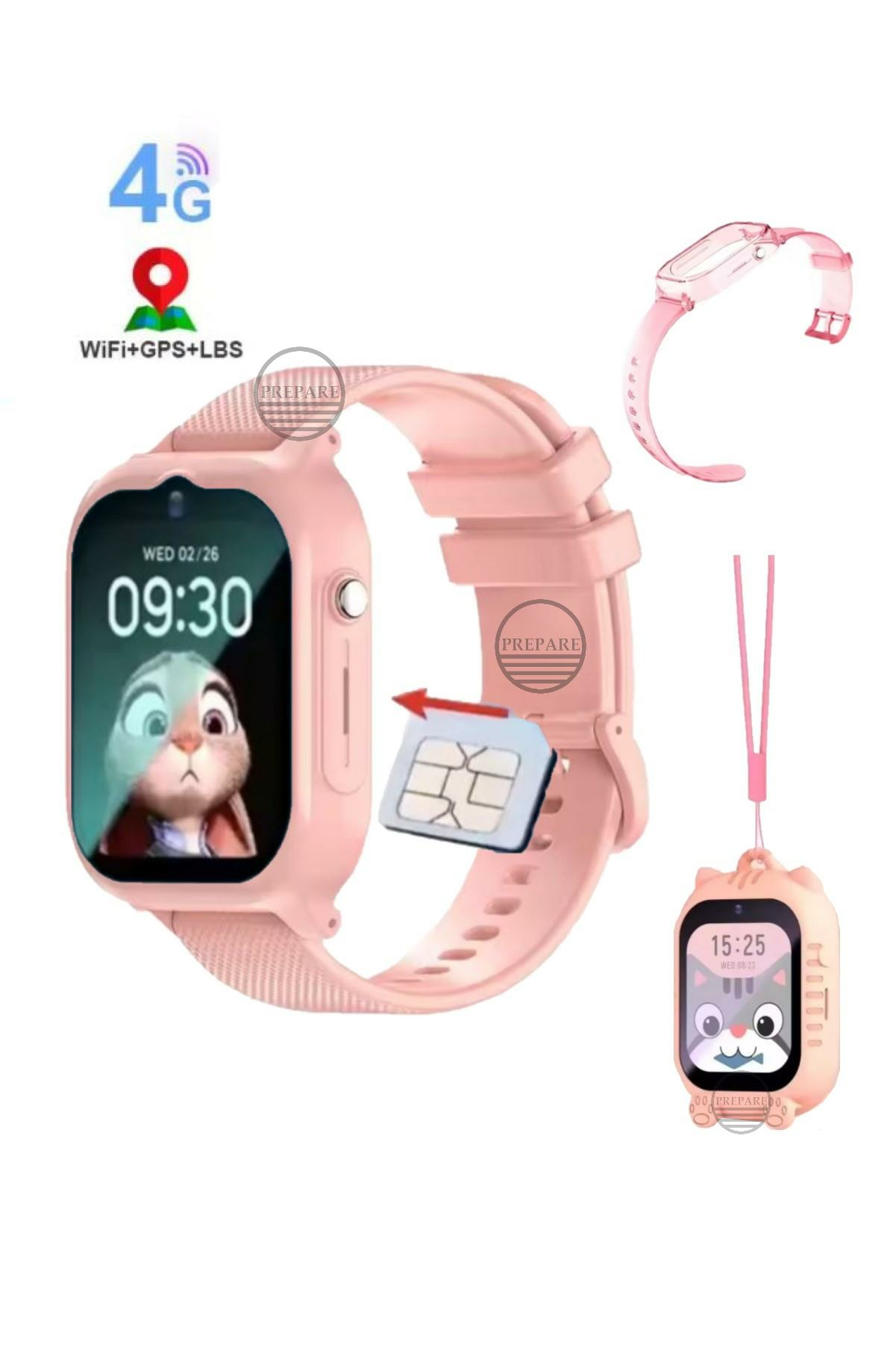 Sim Kartlı Konum Takipli 4G Akıllı Çocuk Saati Acil Arama Görüntülü Görüşme ve Sesli Mesaj Gönderim Pembe