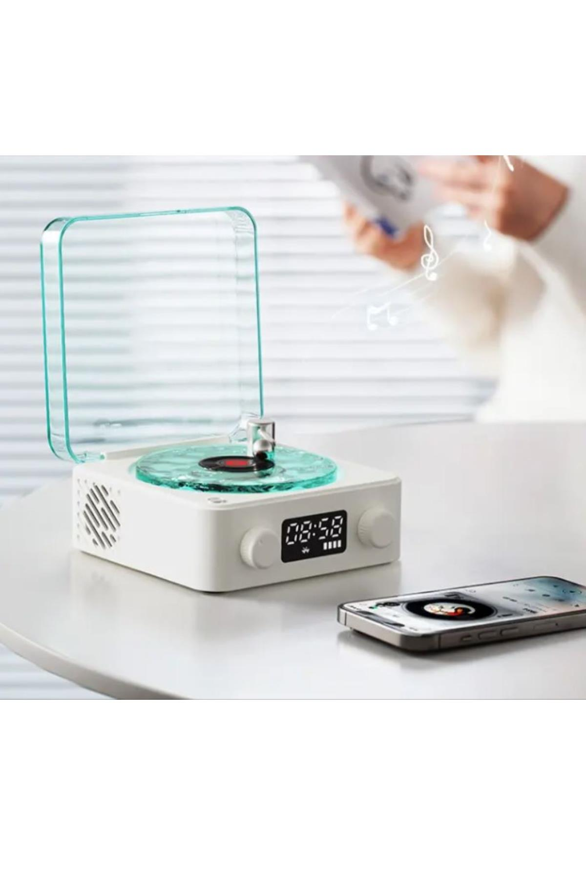 Mini Nostalji Plak Görünüm Dekor Waves Bluetooth Işıklı Müzik Çalar Alarm Saat TF Kart Aux Özellikli