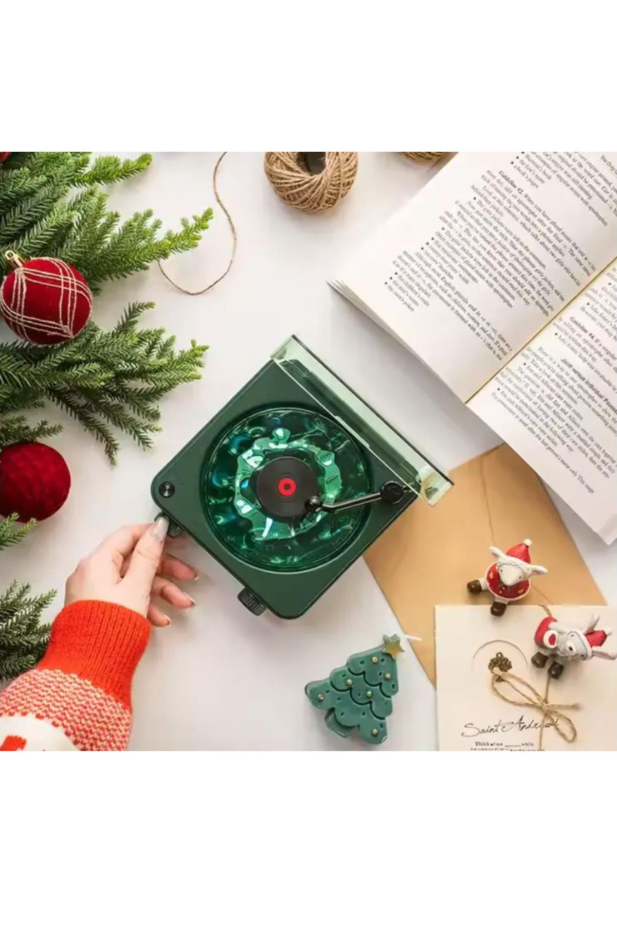 Mini Nostalji Plak Görünüm Dekor Waves Bluetooth Işıklı Müzik Çalar Alarm Saat TF Kart Aux Özellikli