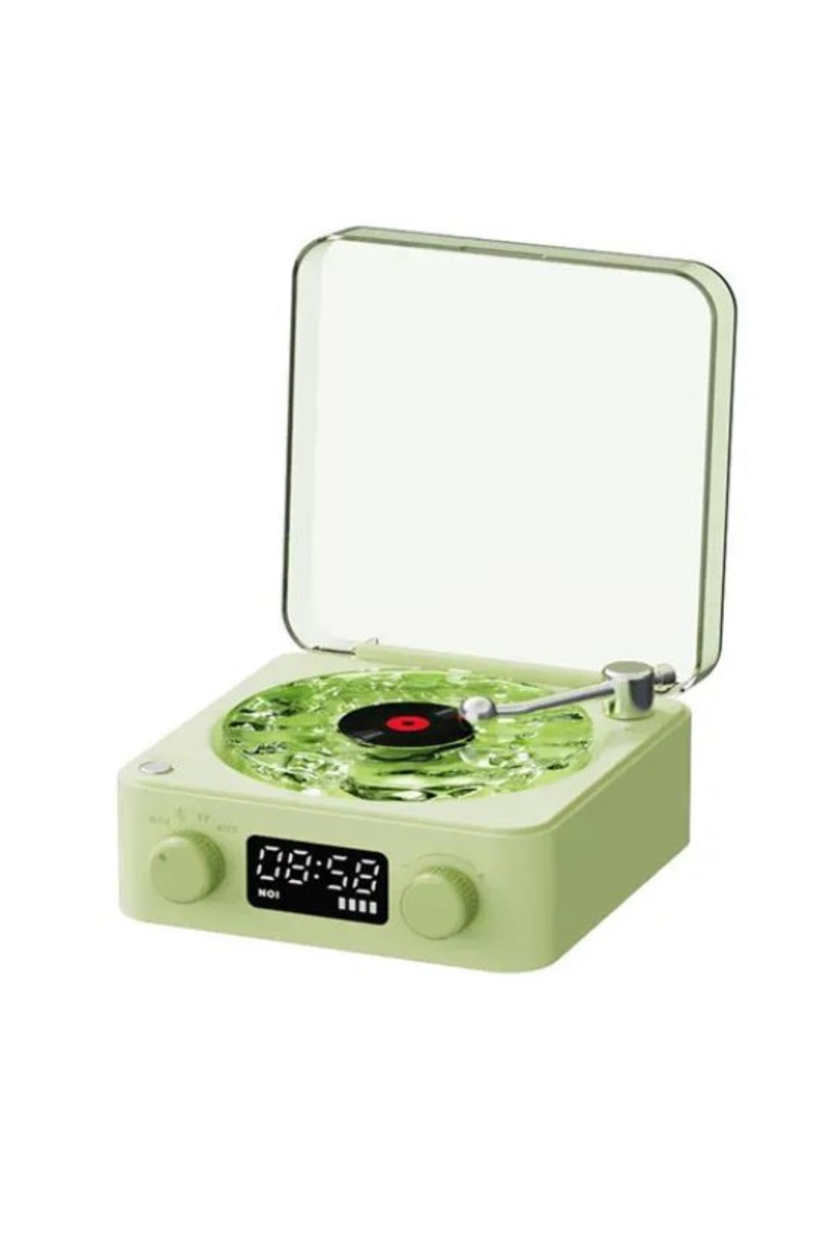 Mini Nostalji Plak Görünüm Dekor Waves Bluetooth Işıklı Müzik Çalar Alarm Saat TF Kart Aux Özellikli Yeşil