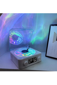Mini Nostalji Plak Görünüm Dekor Waves Bluetooth Işıklı Müzik Çalar Alarm Saat TF Kart Aux Özellikli Beyaz