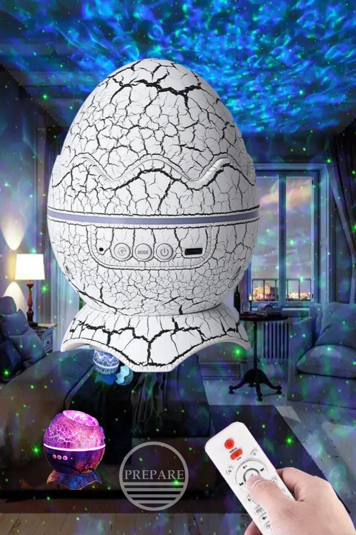 Dinazor Yumurta Galaksi Işık Projektörü Kumandalı Gece Lambalı Yıldızlı Atmosfer Bluetooth Hoparlör