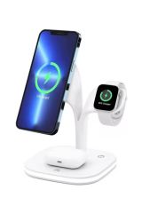 5 in 1 Magsafe Hızlı Şarj İstasyonu Kablosuz + 1 USB Iphone  Airpods Watch Uyumlu 15W + Gece Lambalı Beyaz