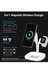5 in 1 Magsafe Hızlı Şarj İstasyonu Kablosuz + 1 USB Iphone  Airpods Watch Uyumlu 15W + Gece Lambalı Beyaz