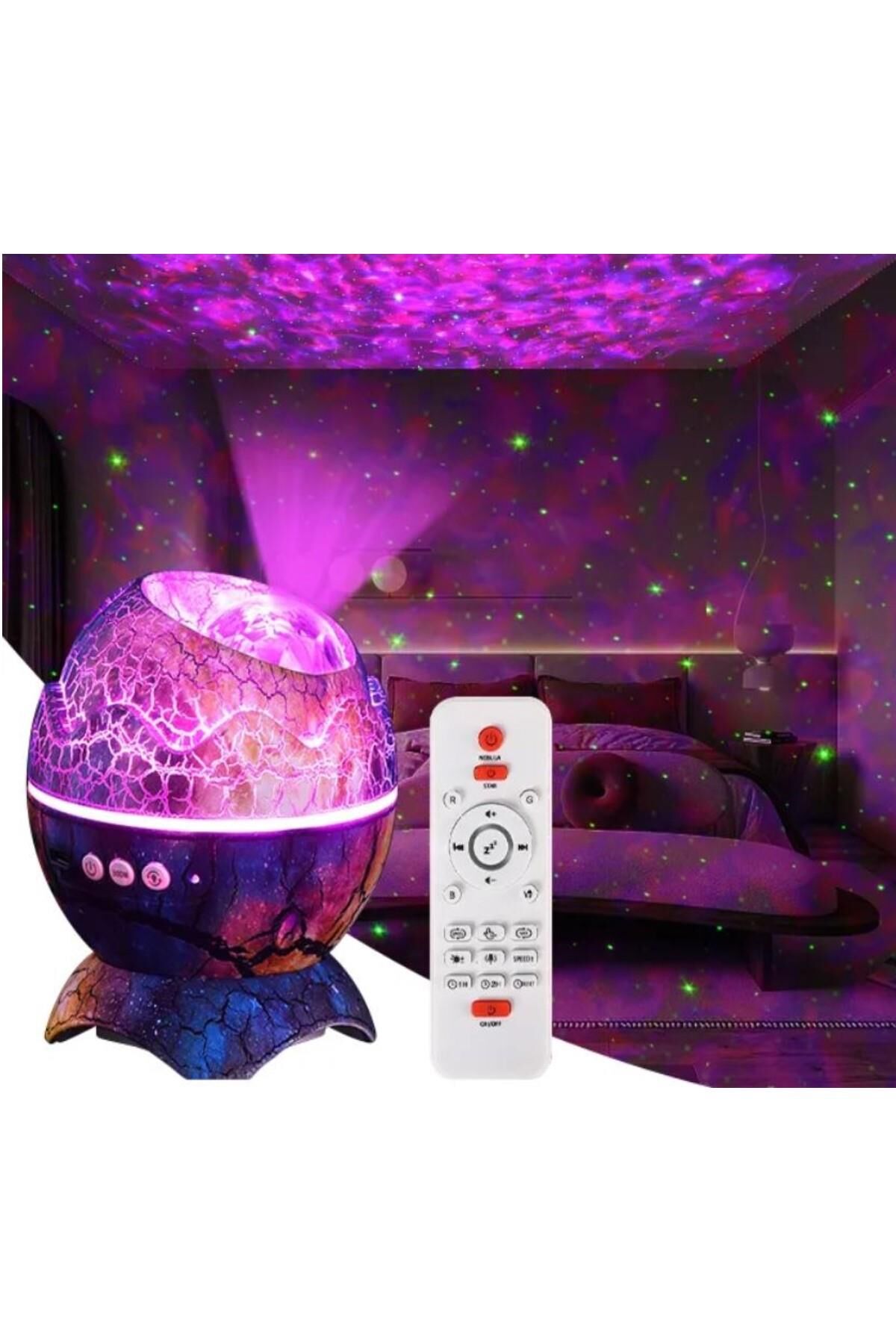 Dinazor Yumurta Galaksi Işık Projektörü Kumandalı Gece Lambalı Yıldızlı Atmosfer Bluetooth Hoparlör Mor