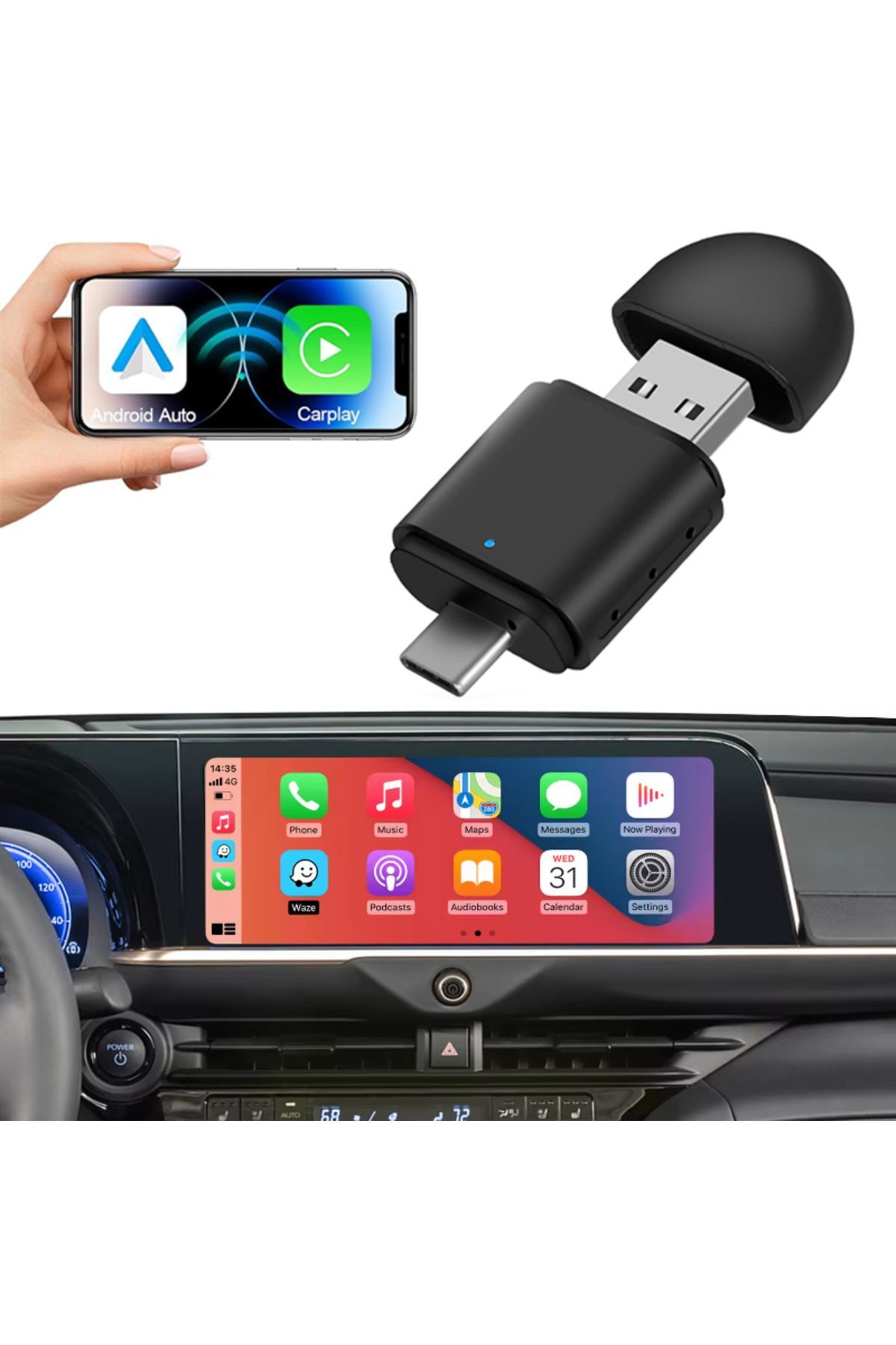 Carplay Usb ve Type-c 2in1 Araç Multimedya Adaptörü Yeni Tasarım Mini Kablosuz İOS ANDROİD Uyumlu