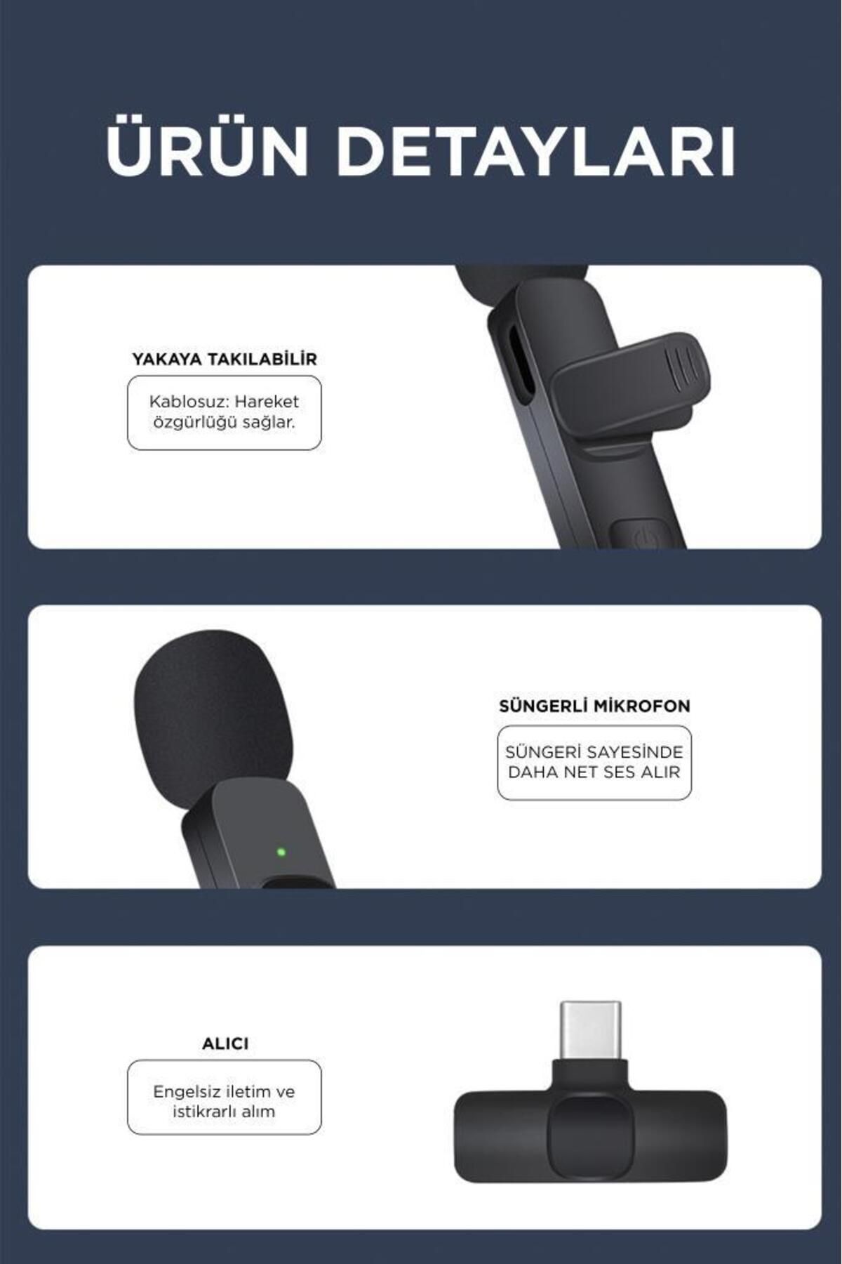 K9 2li Type-C + Lightning dönüştürücülü Kablosuz Yaka Mikrofonu 2li